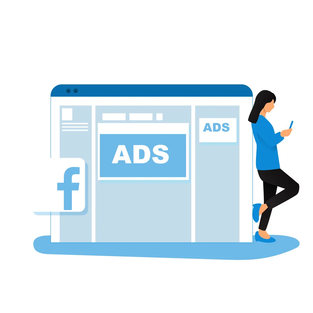 Drawing of a woman next to a screen with ads