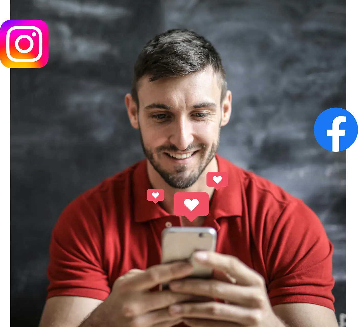 Smiling man in a red shirt looking at his smartphone with floating heart icons and Instagram and Facebook logos nearby.