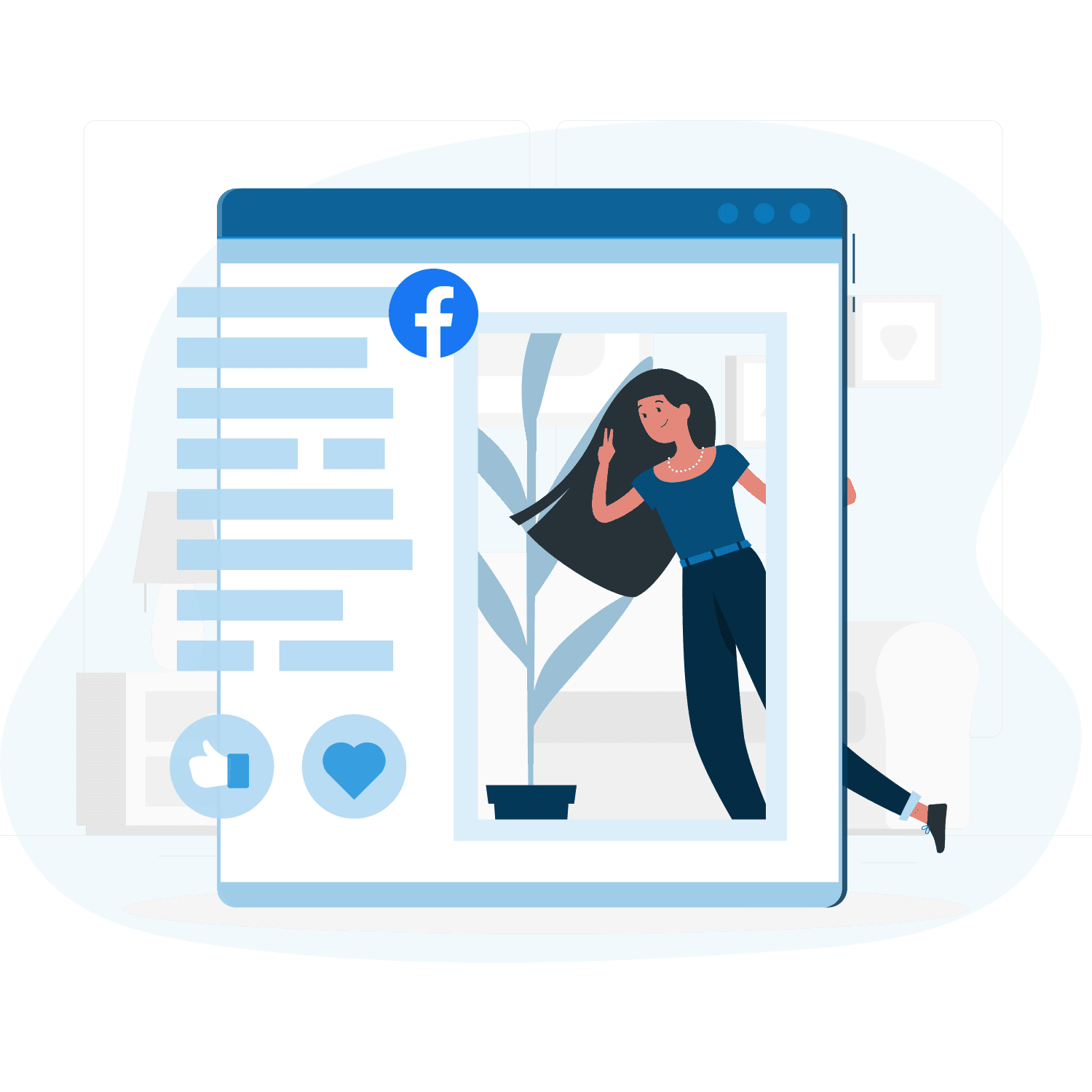 Illustration of a woman waving while stepping through a Facebook post frame with social media icons around.
